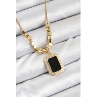 316L Çelik Zirkon Taşlı Siyah Baget Model Gold Renk Kadın Kolye