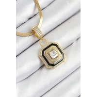 316L Çelik Zirkon Taşlı Siyah Detaylı Baget Model Gold Renk Kadın Kolye