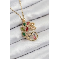 316L Çelik Zirkon Taşlı Tavus Kuşu Model Gold Renk Kadın Kolye