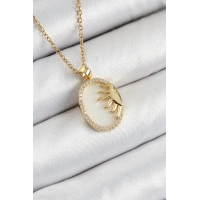 316L Çelik Zirkon Taşlı Yarım Güneş Model Gold Renk Kadın Kolye