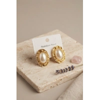 316L Gold Renk Gold Renk Vintage Beyaz İncili Model Küpe