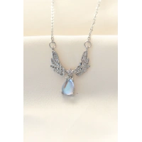 316L Zinciri Çelik Zirkon Taşlı Gümüş Renk Kanatlı Damla Kolye