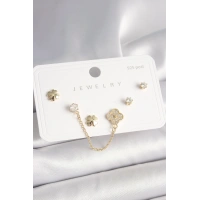 925 Ayar Gümüş Çivi Pirinç Gold Renk Zirkon Taşlı Yonca Model Sallantı Zincir Detay Kadın Küpe Seti