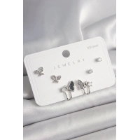 925 Ayar Gümüş Çivi Pirinç Gümüş Renk Zirkon Taşlı Kelebek Model Kadın Küpe Seti