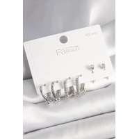 925 Ayar Gümüş Çivi Pirinç Gümüş Renk Zirkon Taşlı Tiffany Halka Model Kadın Küpe Seti