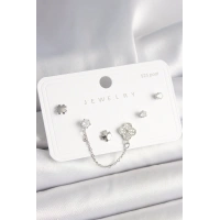 925 Ayar Gümüş Çivi Pirinç Gümüş Renk Zirkon Taşlı Yonca Model Sallantı Zincir Detay Kadın Küpe Seti