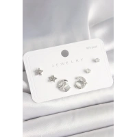 925 Ayar Gümüş Çivi Zirkon Taşlı Hilal Yıldız Model Kadın Küpe Seti