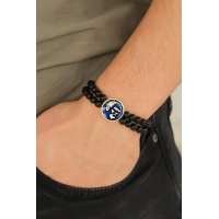 Atatürk Portre Figürlü Lacivert Metal Aksesuarlı Siyah Oniks Doğal Taş Erkek Bileklik