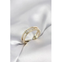 Baget Zirkon Taşlı Gold Renk İncili Kadın Yüzük