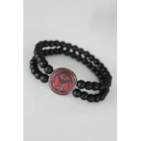 Barış Figürlü Bordo Renk Füme Metal Aksesuarlı Çift Sıra Oniks Doğal Taş Erkek Bileklik