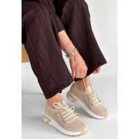 Belan Bej Triko Bağcıklı Spor Ayakkabı