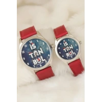 Bordo Renk Deri Kordonlu İstanbul Tasarımlı Sevgili Saatleri