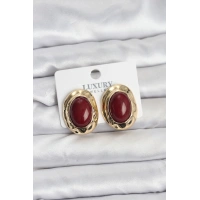Bordo Renk Oval Vintage Pirinç Kadın Küpe