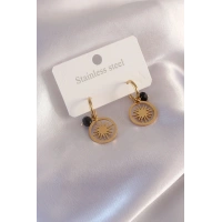 Çelik Gold Renk Güneş Figür Siyah Kristal Detay Kadın Küpe