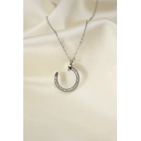 Çelik Silver Renk Zirkon Taşlı Çivi Model Kadın Kolye