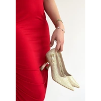 Cerin Gold Saten Simli Topuklu Ayakkabı