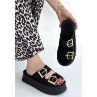 Coer Siyah Süet Çift Tokalı Terlik