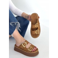 Coer Taba Süet Çift Tokalı Terlik