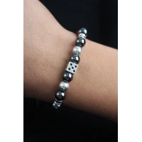 Doğal Taş Zar Model Gümüş Ve Füme Renk Asansörlü Erkek Bileklik