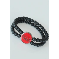 Eski Türkçe Göktürkçe Yazı Figürlü Kırmızı Metal Aksesuarlı Çift Sıra Oniks Doğal Taş Erkek Bileklik