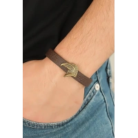 Eskitme Renk Metal Kartal Aksesuarlı Kahverengi Deri Erkek Bileklik
