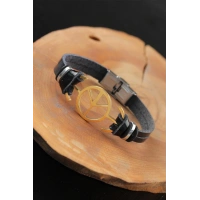 Gold Renk Barış Figürlü Metal Aksesuarlı Siyah Renk Deri Erkek Bileklik