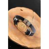 Gold Renk Baykuşlu Metal Aksesuarlı Siyah Renk Deri Erkek Bileklik