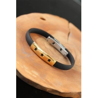 Gold Renk Çelik Yıldızlı Tasarım Siyah Renk Silikon Erkek Bileklik