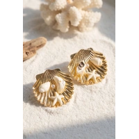 Gold Renk Deniz Kabuğu Deniz Yıldızı ve Beyaz Taş Detaylı Küpe