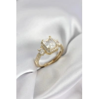 Gold Renk Kare Baget Zirkon Taşlı Tek Taş Model Kadın Yüzük