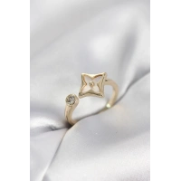 Gold Renk Köşeli Yonca Model Zirkon Taşlı Kadın Yüzük