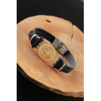 Gold Renk Metal Ağaçlı Tasarım Siyah Renk Deri Erkek Bileklik