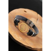 Gold Renk Metal Fatma Ana Eli Tasarım Siyah Renk Deri Erkek Bileklik