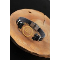 Gold Renk Metal Nabız Tasarım Siyah Renk Deri Erkek Bileklik