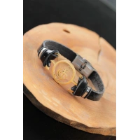 Gold Renk Metal Sol Anahtarlı Tasarım Siyah Renk Deri Erkek Bileklik