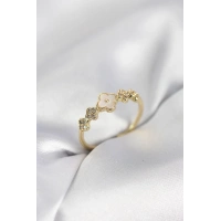 Gold Renk Minimal Yonca ve Zirkon Taşlı Kadın Yüzük