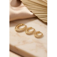 Gold Renk Oval Halka Model Zirkon Taşlı 3 lü Küpe Set