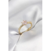 Gold Renk Pembe Tek Taş Model Zirkon Taşlı Kadın Yüzük