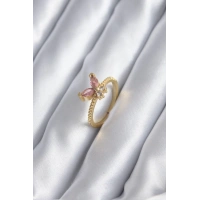 Gold Renk Pembe Zirkon Taşlı Kelebek Model Kadın Yüzük