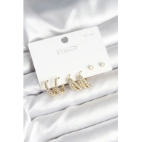 Gold Renk Pirinç 925 Ayar Gümüş Çivili Kadın Küpe Seti