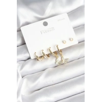 Gold Renk Pirinç Kelebek Model 925 Ayar Gümüş Çivili Kadın Küpe Seti