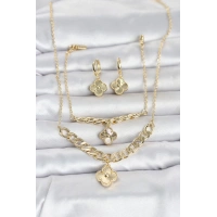 Gold Renk Pirinç Kolye Bileklik ve Küpe Seti