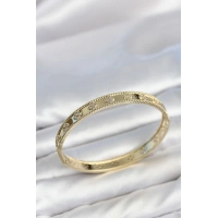 Gold Renk Pirinç Yonca Model Zirkon Taşlı Kadın Kelepçe Bileklik