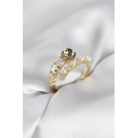 Gold Renk Pirinç Zirkon Taşlı İncili Kadın Yüzük