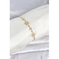 Gold Renk Pirinç Zirkon Taşlı Kutup Yıldızı Model Asansörlü Kadın Bileklik
