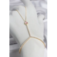 Gold Renk Pirinç Zirkon Taşlı Pembe Kalp Model Şahmeran