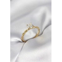 Gold Renk Sarmal Zincir Model Tek Taş Model Zirkon Taşlı Kadın Yüzük