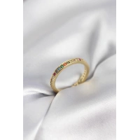 Gold Renk Sıralı Renkli Zirkon Taşlı Kadın Yüzük