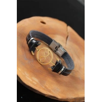 Gold Renk Sonsuzluklu Metal Aksesuarlı Siyah Renk Deri Erkek Bileklik