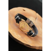 Gold Renk Yapraklı Metal Aksesuarlı Siyah Deri Erkek Bileklik